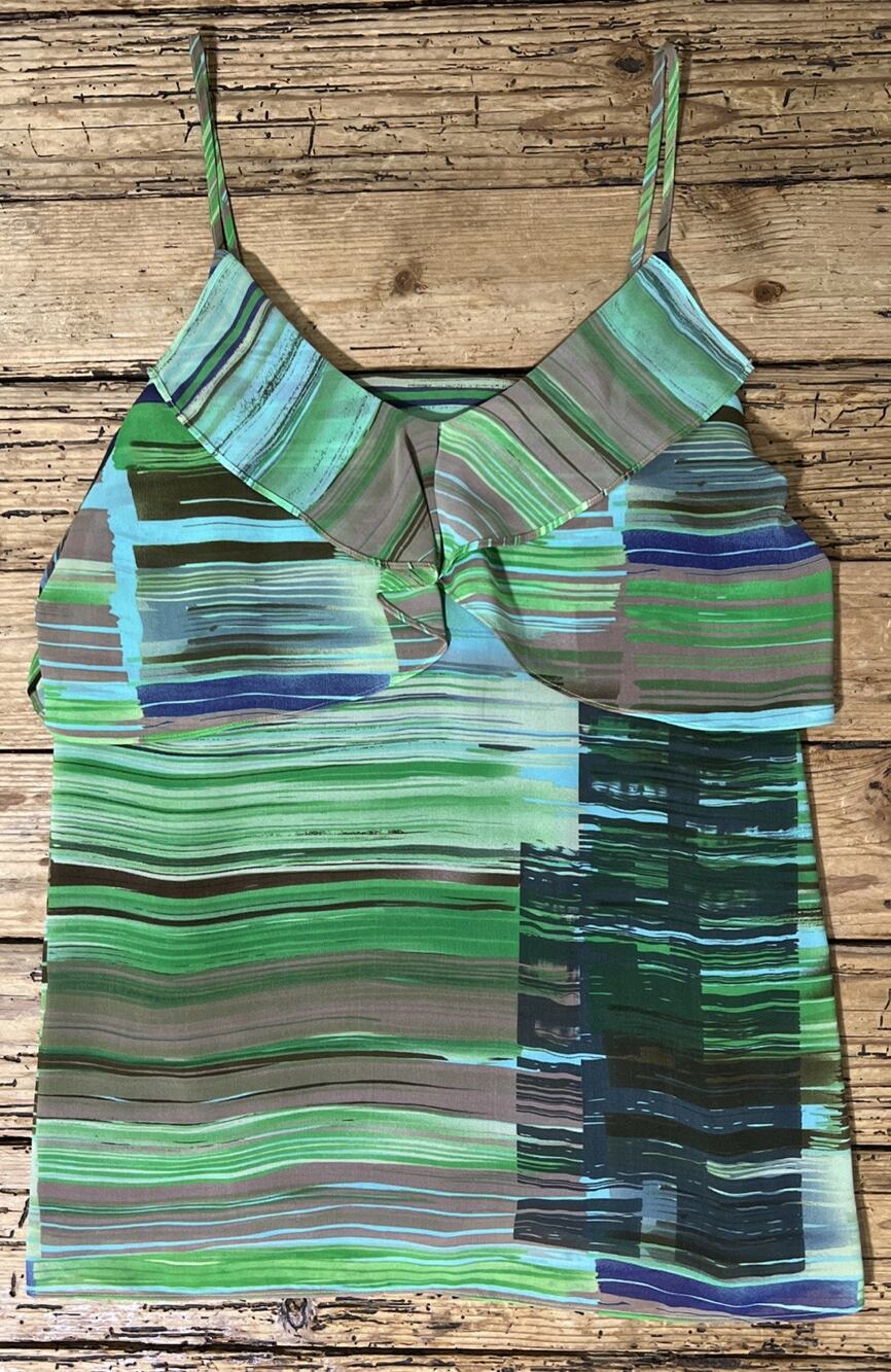 CAbi Women’s Size XS Style #605 Green Stripe Flutter Cami Blouse - NWOT